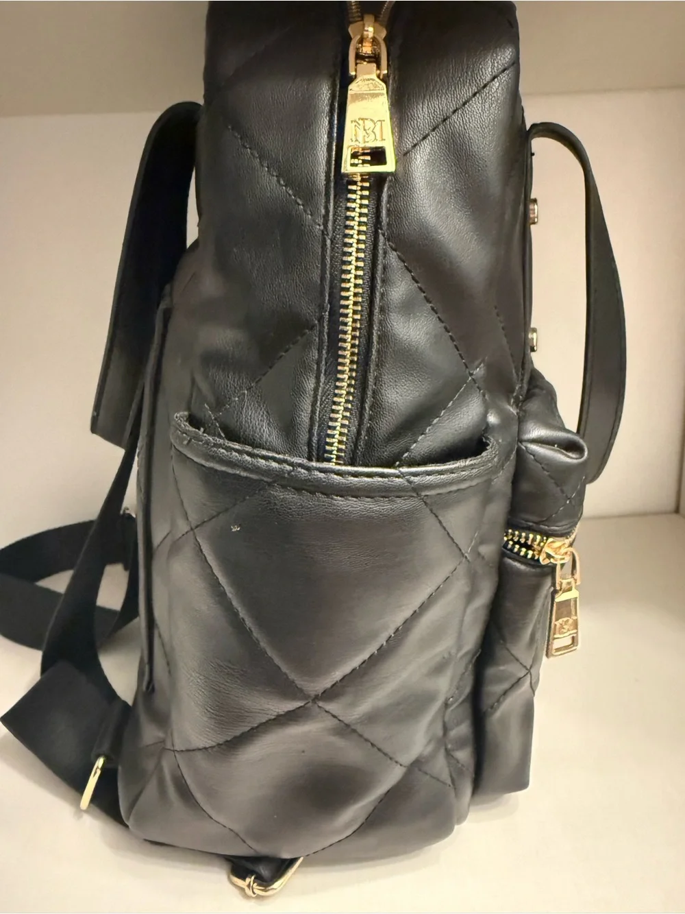 Badgley Mischka Quilted Black Women’s Backpack with Gold Logo Accent